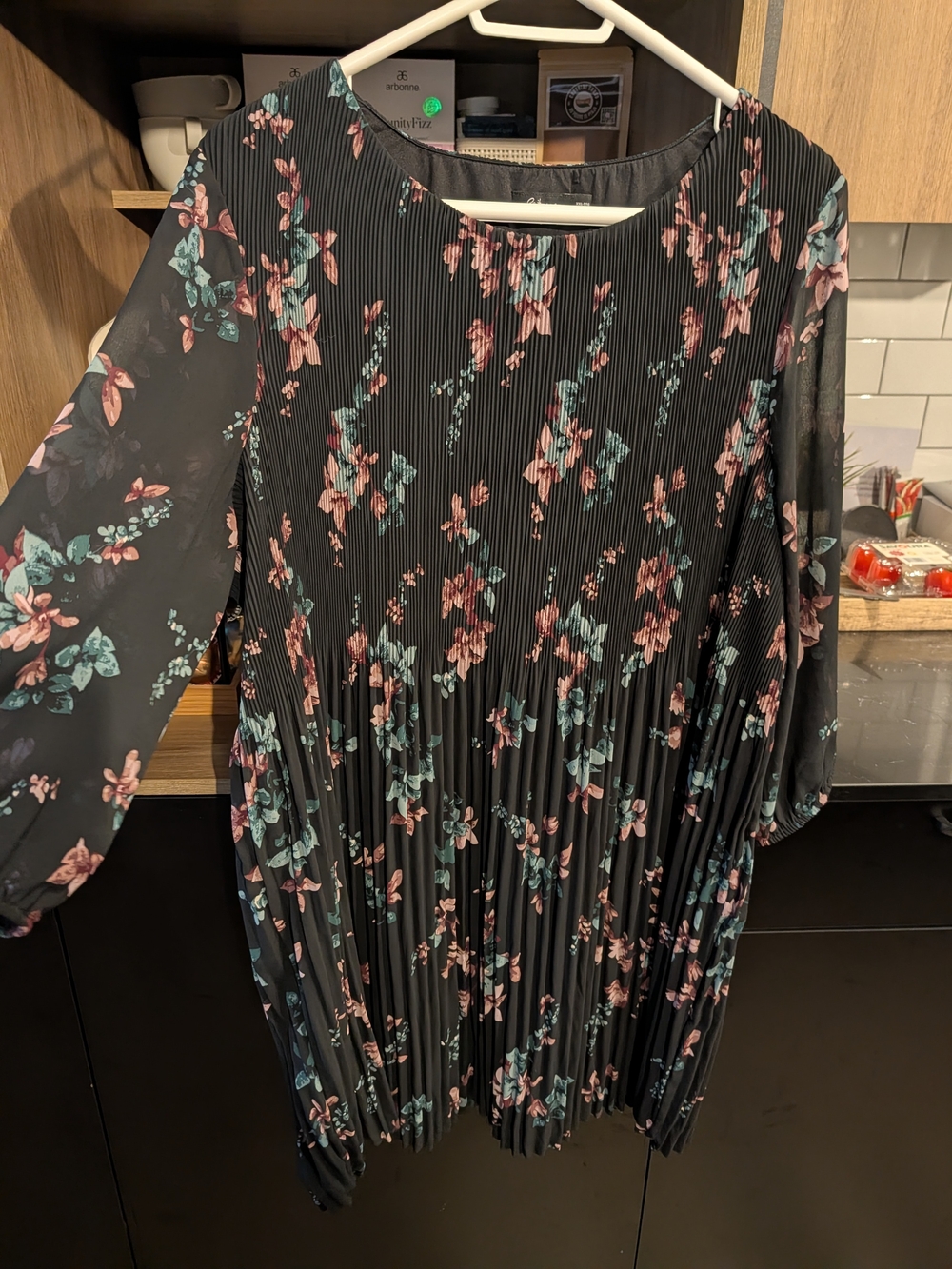 Reitmans Black Pleated Midi Dress with Pink & Teal Floral Print